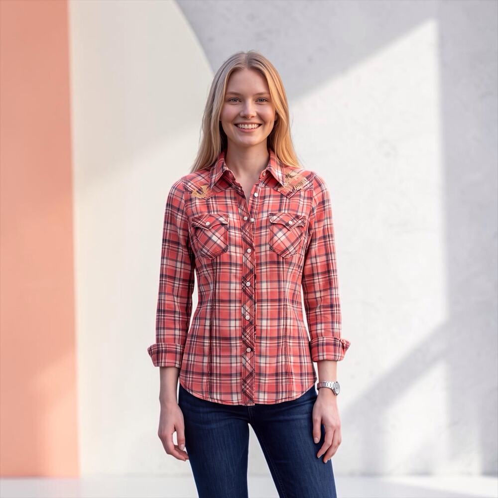 Y2k True Religion Fresh Peach Plaid Button Down Shirt Western Styling Gold Logo